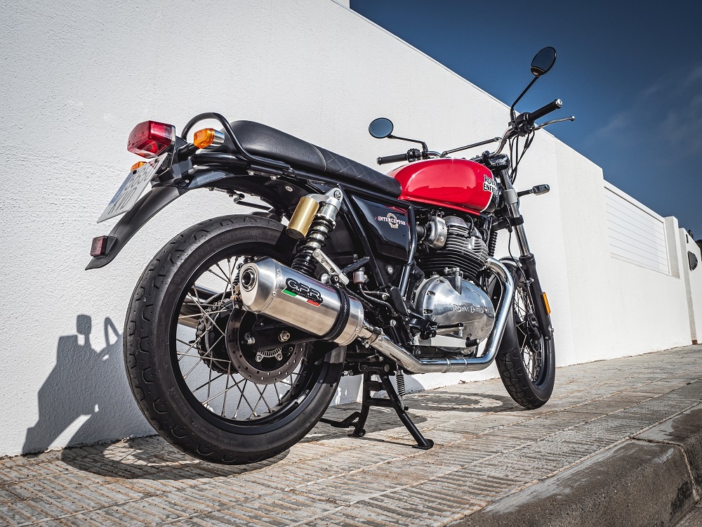 Exhaust compatible with Royal Enfield Interceptor 650 2019-2020, Satinox, Dual Homologated legal slip-on exhaust including removable db killers, link pipes and catalysts