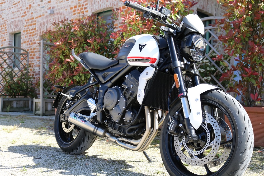 Esapament GPR compatibil cu Triumph Trident 660 2021 Sistem complet de evacuare legal omologat, inclusiv db killer și catalizator detașabil,M3 Titanium Natural