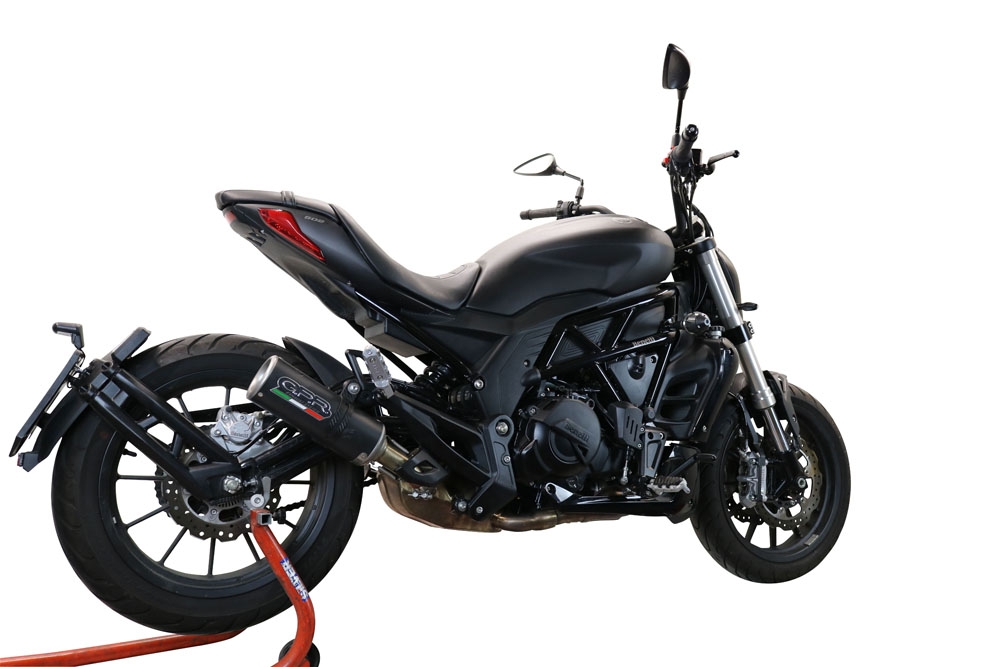 Exhaust compatible with Benelli 502 C 2019-2020, M3 Black Titanium, Homologated legal slip-on exhaust including removable db killer and link pipe