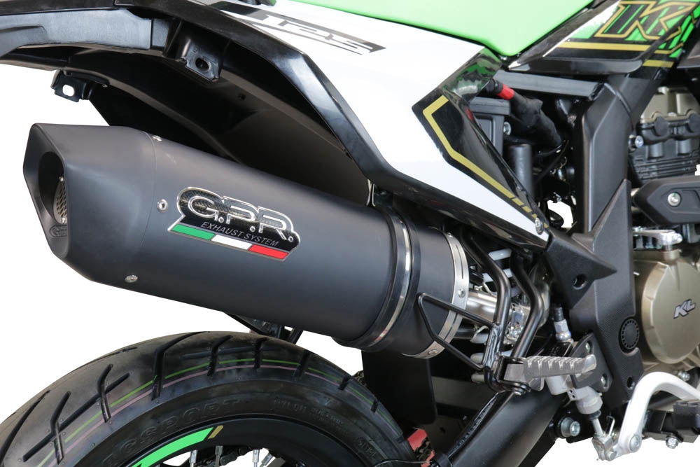 Exhaust compatible with KL MOTOR KXE 125 2022-2023, Furore Evo4 Nero, Homologated legal slip-on exhaust including removable db killer, link pipe and catalyst