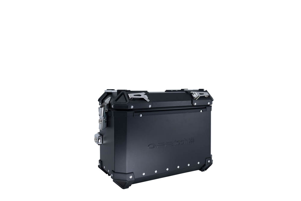 GPR TECH compatible with  Ktm SMT 890 2023/2024 e5 GPR TECH Pair of side cases aluminum made with contoured right side, black color with specific pannier holder Capacity 38 LT. + 32 LT.