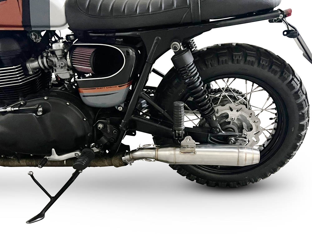 Exhaust compatible with Triumph BONNEVILLE T100 2001-2014, Deeptone Inox, Dual Homologated legal slip-on exhaust including removable db killers and link pipes