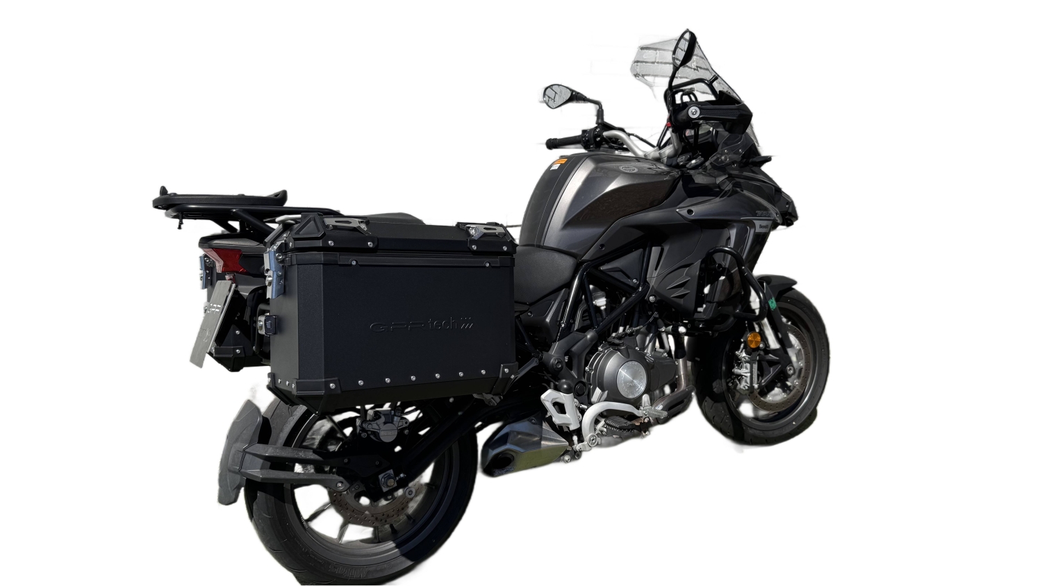 GPR TECH Uyumlu  Benelli Trk 502 2021/2024 e5 Zwart Pereche de cutii laterale din aluminiu, culoare neagră, cu suport specific pentru geantă Capacitate 38 litri + 38 litri.