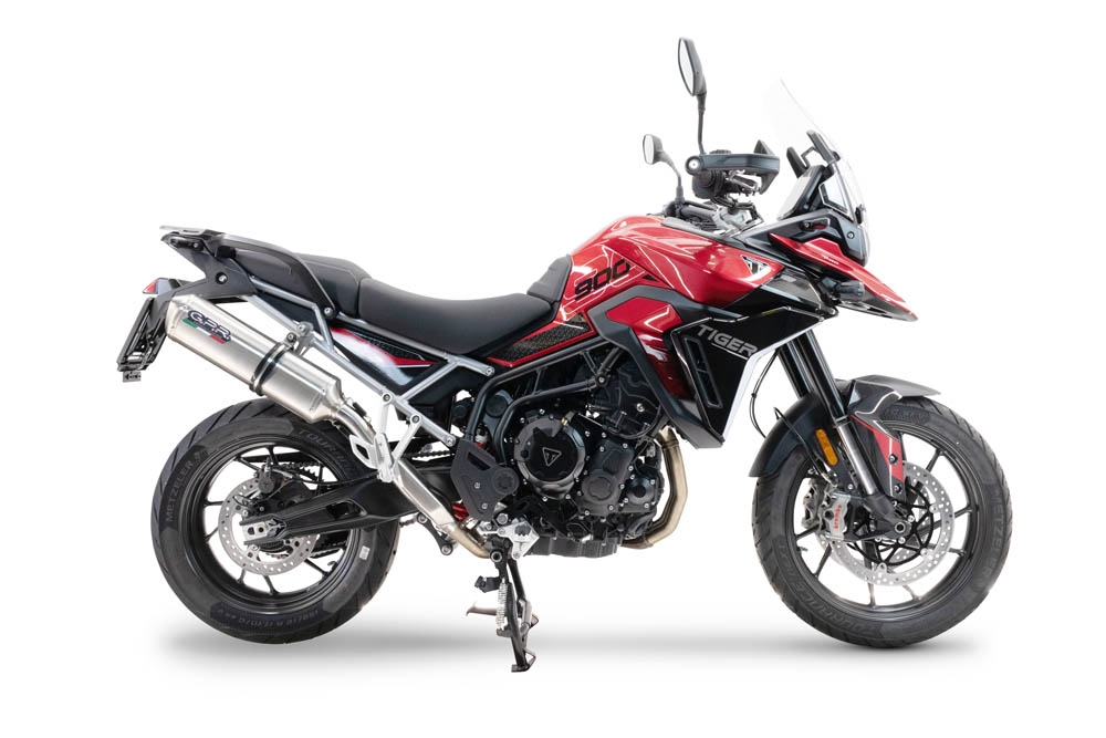 Exhaust compatible with Triumph Tiger 900 GT / Pro / Rally Pro 2024-2025, Satinox , Homologated legal slip-on exhaust including removable db killer and link pipe