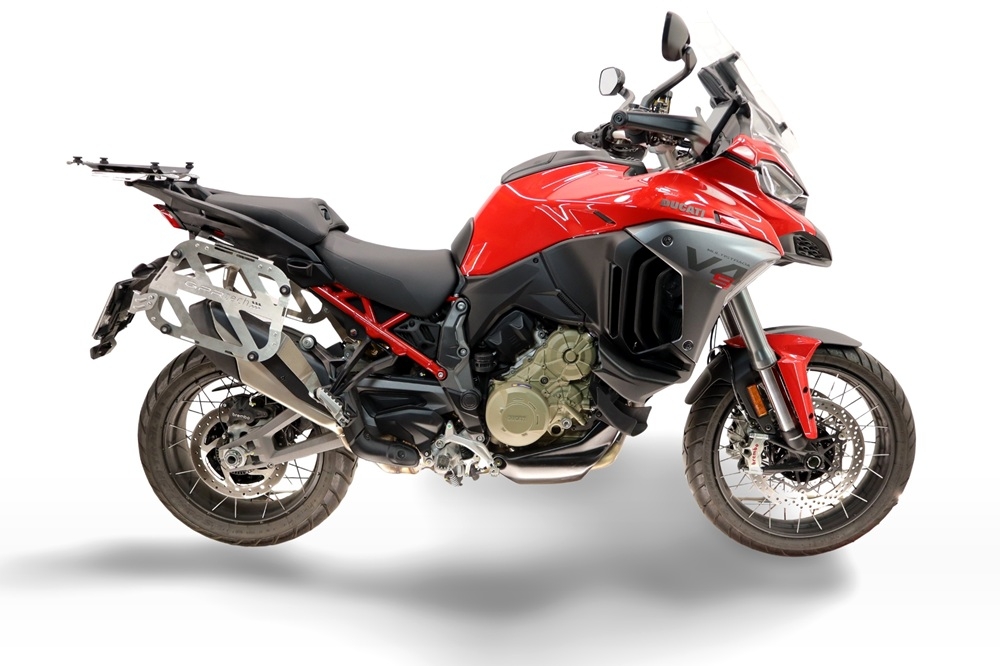 GPR TECH Uyumlu  Ducati Multistrada V4 - V4S 2025/2026 Zilver Pereche de cutii laterale din aluminiu cu partea dreaptă conturată, culoare argintie, cu suport specific pentru geantă Capacitate 38 litri + 32 litri.