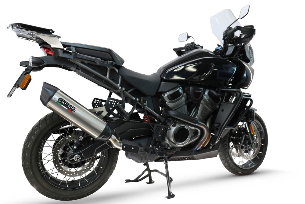 GPR exhaust compatible with Harley Davidson Pan America 1250 2020-2024, Furore-X Titanio, Homologated legal slip-on exhaust including removable db killer and link pipe 
