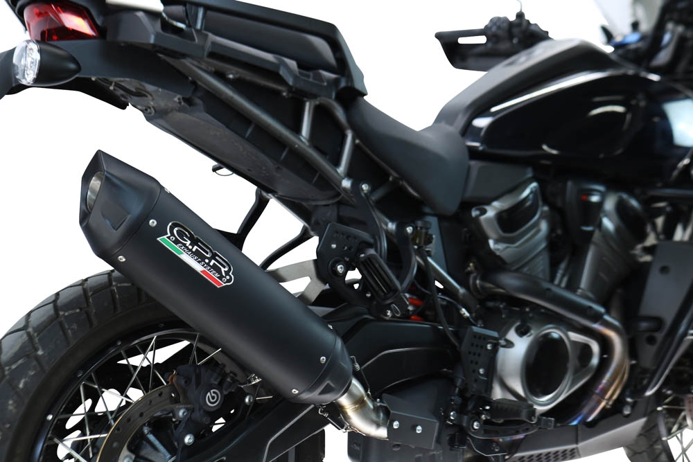 GPR exhaust compatible with Harley Davidson Pan America 1250 2020-2024, Furore-X Titanio Nero, Homologated legal slip-on exhaust including removable db killer and link pipe 