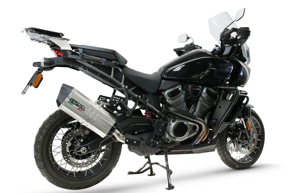GPR exhaust compatible with Harley Davidson Pan America 1250 2020-2024, Hyper Sonic Titanium, Homologated legal slip-on exhaust including removable db killer and link pipe 