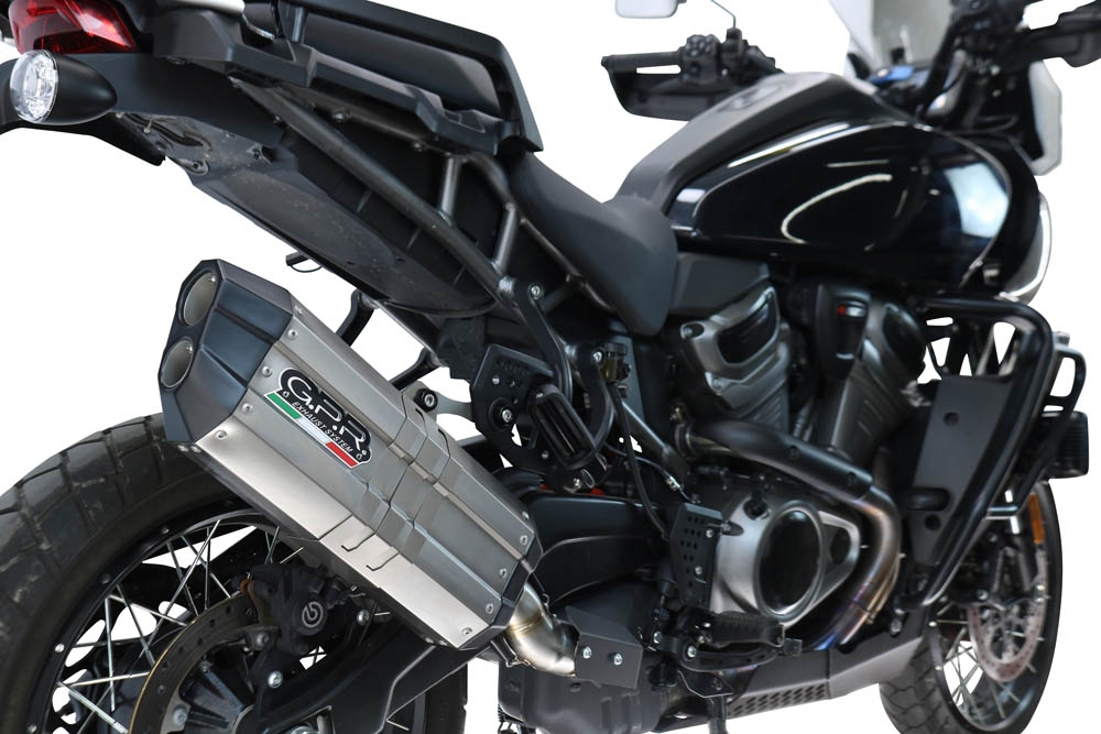 GPR exhaust compatible with Harley Davidson Pan America 1250 2020-2024, Hyper Sonic Titanium, Homologated legal slip-on exhaust including removable db killer and link pipe 