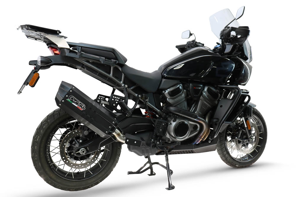 GPR exhaust compatible with Harley Davidson Pan America 1250 2020-2024, Hyper Sonic Black Titanium, Homologated legal slip-on exhaust including removable db killer and link pipe 