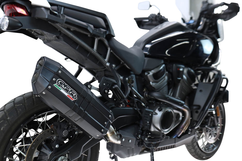 GPR exhaust compatible with Harley Davidson Pan America 1250 2020-2024, Hyper Sonic Black Titanium, Homologated legal slip-on exhaust including removable db killer and link pipe 
