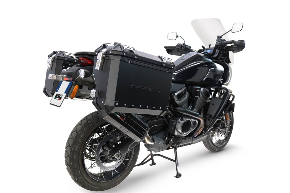 GPR exhaust compatible with Harley Davidson Pan America 1250 2020-2024, Hyper Sonic Black Titanium, Homologated legal slip-on exhaust including removable db killer and link pipe 