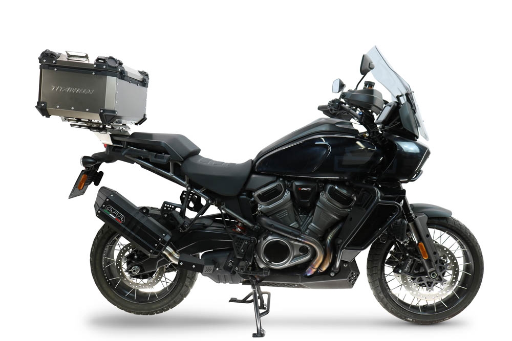 GPR exhaust compatible with Harley Davidson Pan America 1250 2020-2024, Hyper Sonic Black Titanium, Homologated legal slip-on exhaust including removable db killer and link pipe 