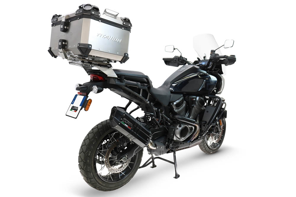 GPR exhaust compatible with Harley Davidson Pan America 1250 2020-2024, Hyper Sonic Black Titanium, Homologated legal slip-on exhaust including removable db killer and link pipe 