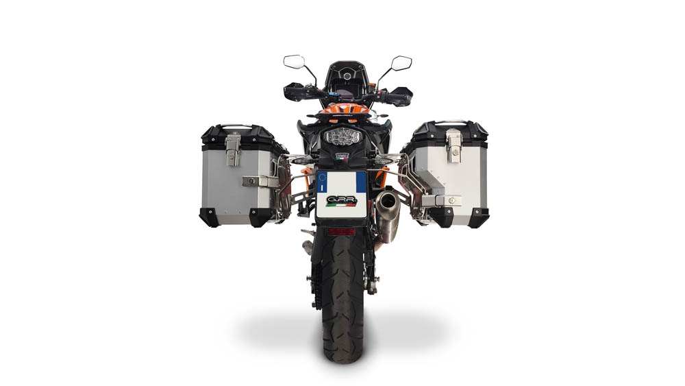GPR TECH compatible with  Ktm Lc 8 Adventure 1090 2017/2020 e4 GPR TECH Pair of side cases aluminum made with contoured right side, silver color with specific pannier holder Capacity 38 LT. + 32 LT.