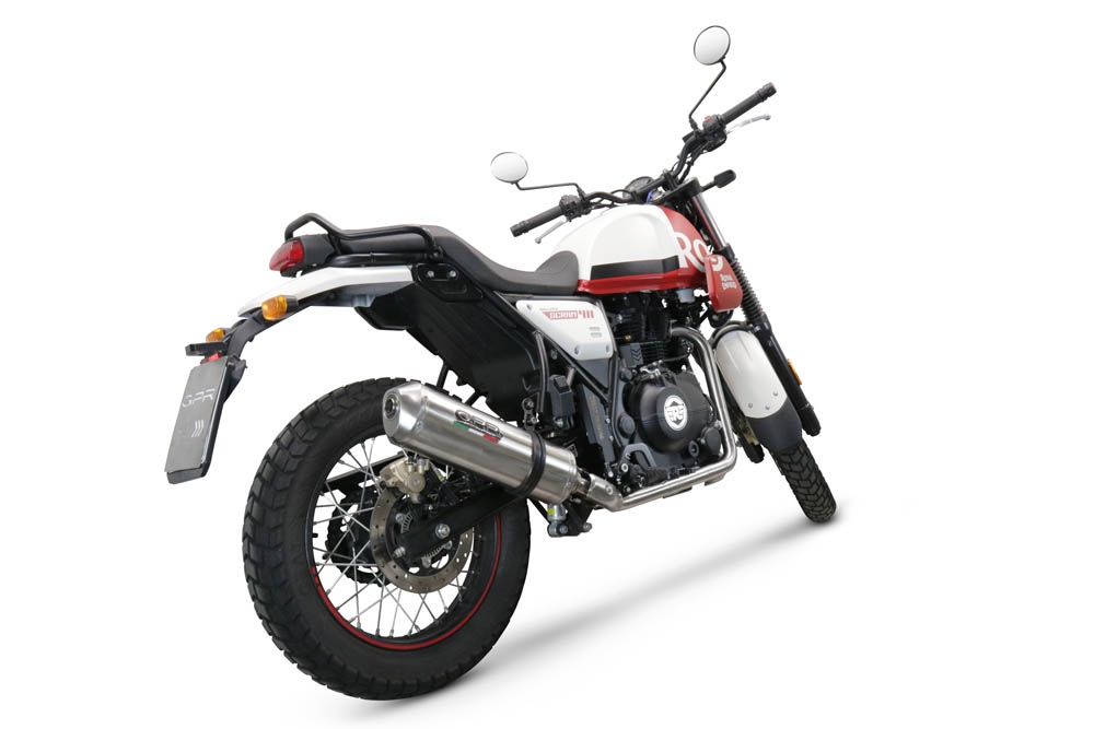 Esapament GPR compatibil cu Royal Enfield Scram 411 2022 Evacuare slip-on omologata, inclusiv db killer detașabil, cot de legătură și catalizator,Satinox 