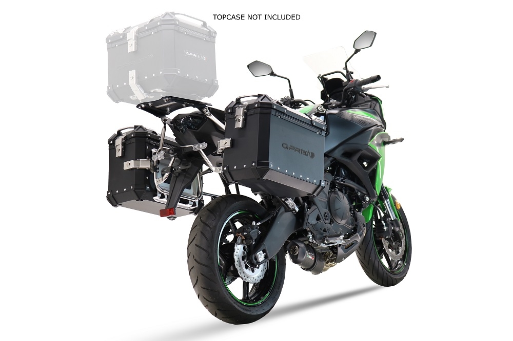 GPR TECH Uyumlu  Kawasaki Versys 650 2023/2024 e5 plus Zwart Pereche de cutii laterale din aluminiu, culoare neagră, cu suport specific pentru geantă Capacitate 38 litri + 38 litri.