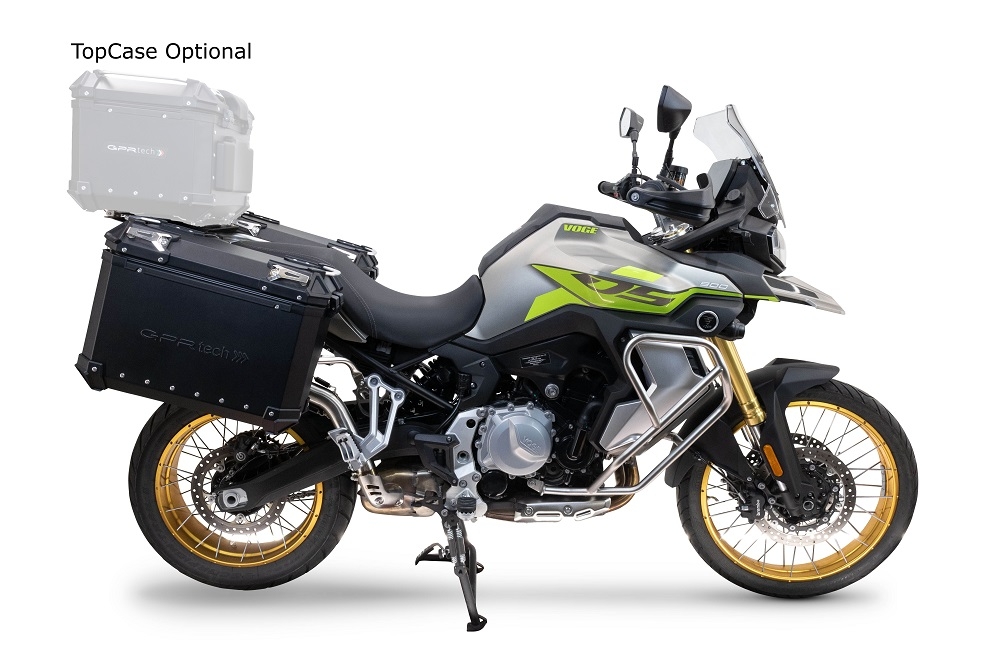 GPR TECH Uyumlu  Voge 900DSX 2024/2025 e5 Zwart Pereche de cutii laterale din aluminiu cu partea dreaptă conturată, culoare neagră, cu suport specific negru pentru geantă Capacitate 38 litri + 32 litri.