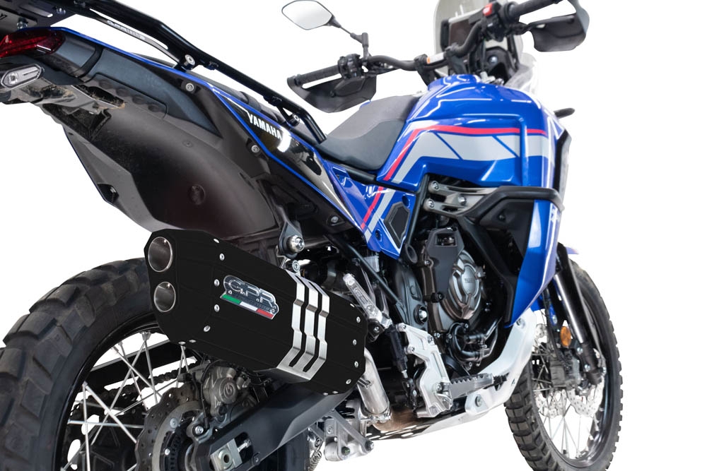Exhaust compatible with Yamaha Tenere 700 2021-2024, Hyper Sonic Black Titanium, Homologated legal slip-on exhaust including removable db killer and link pipe